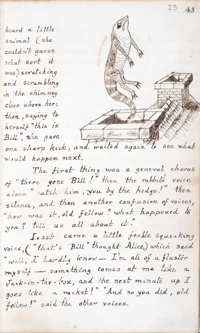 Vintage illustration of a bird in a chimney and a rabbit looking up at it, surrounded by handwritten text.