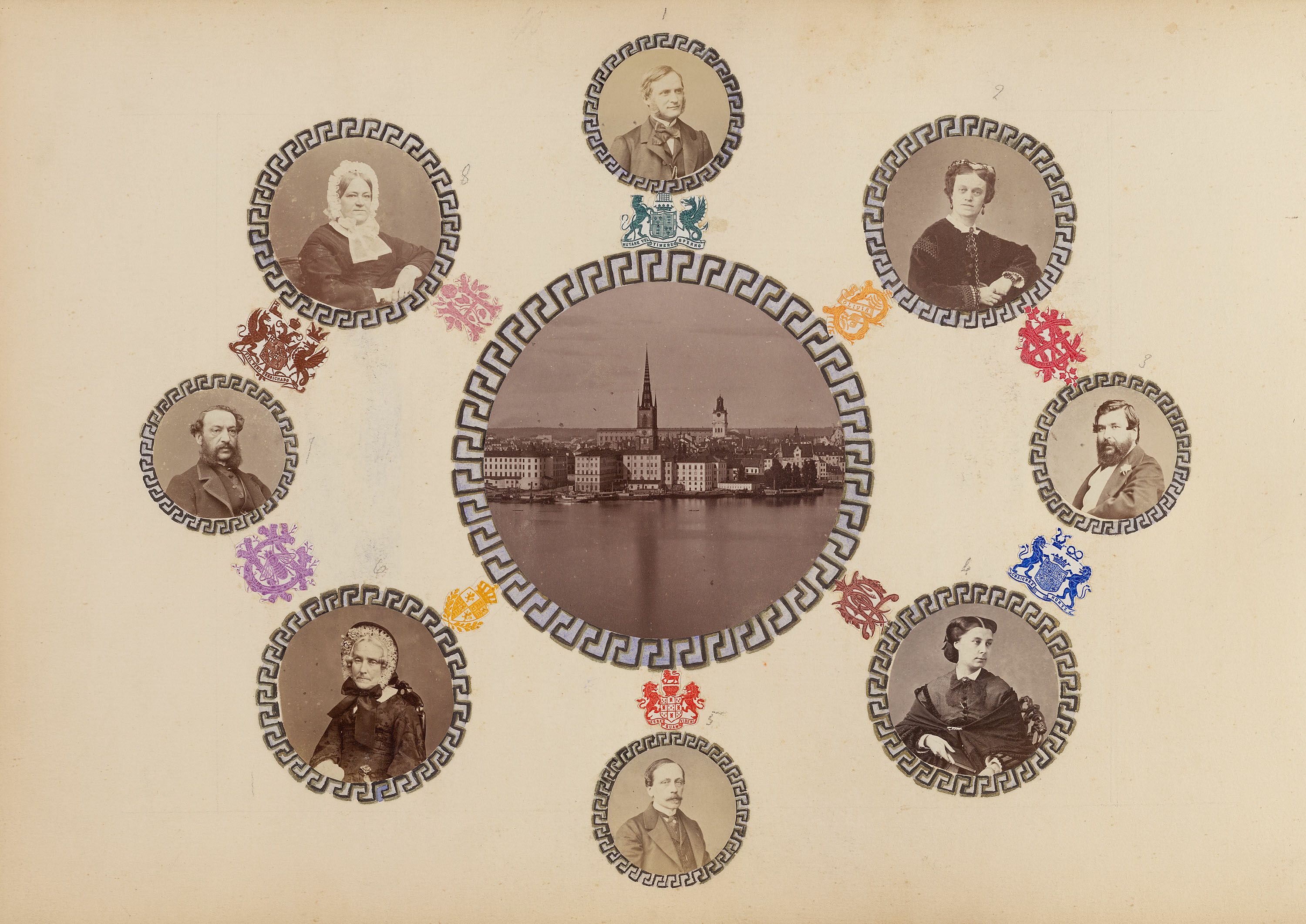 A vintage collage featuring a cityscape surrounded by eight circular portraits and crests.