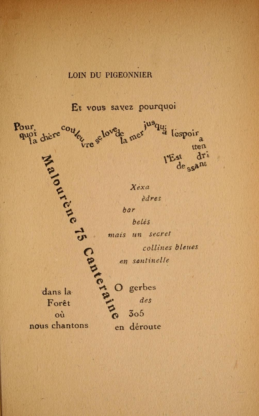 A page of French text arranged in a swirling, artistic pattern on a warm beige background.