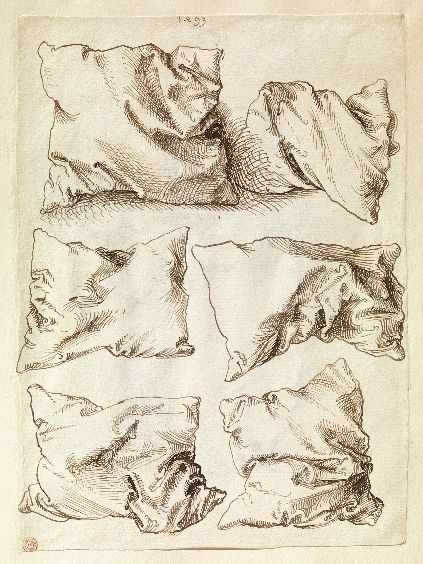 A pen and ink drawing featuring studies of draped fabric. The drawing is composed of five separate studies, each depicting a different arrangement of fabric folds.