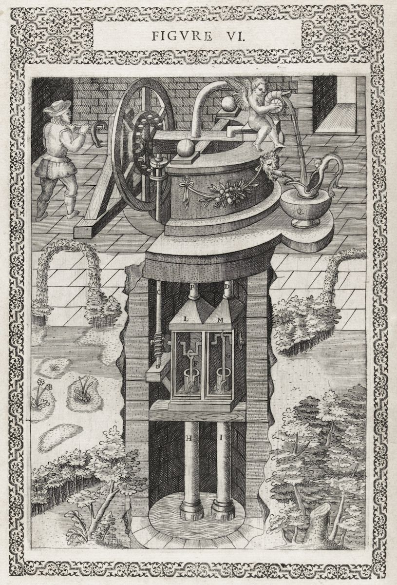 Vintage engraving of a complex mechanical device, possibly a water pump, with a man operating a wheel and a cherub on top. The device is set in a garden with ornate borders.