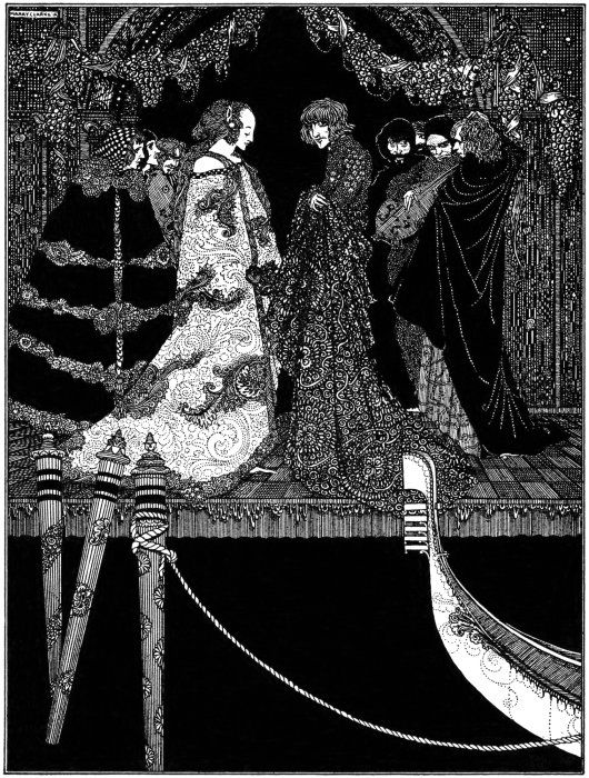 A black and white illustration of two figures on a dock, with a boat in the background. The figures are dressed in elaborate clothing, and the scene is shrouded in darkness and mystery.