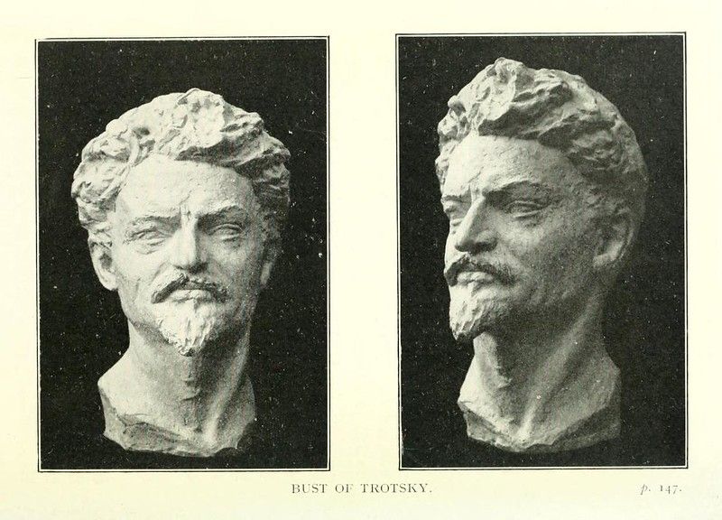 Two black and white photographs of a bust of Leon Trotsky, one frontal and one in profile.