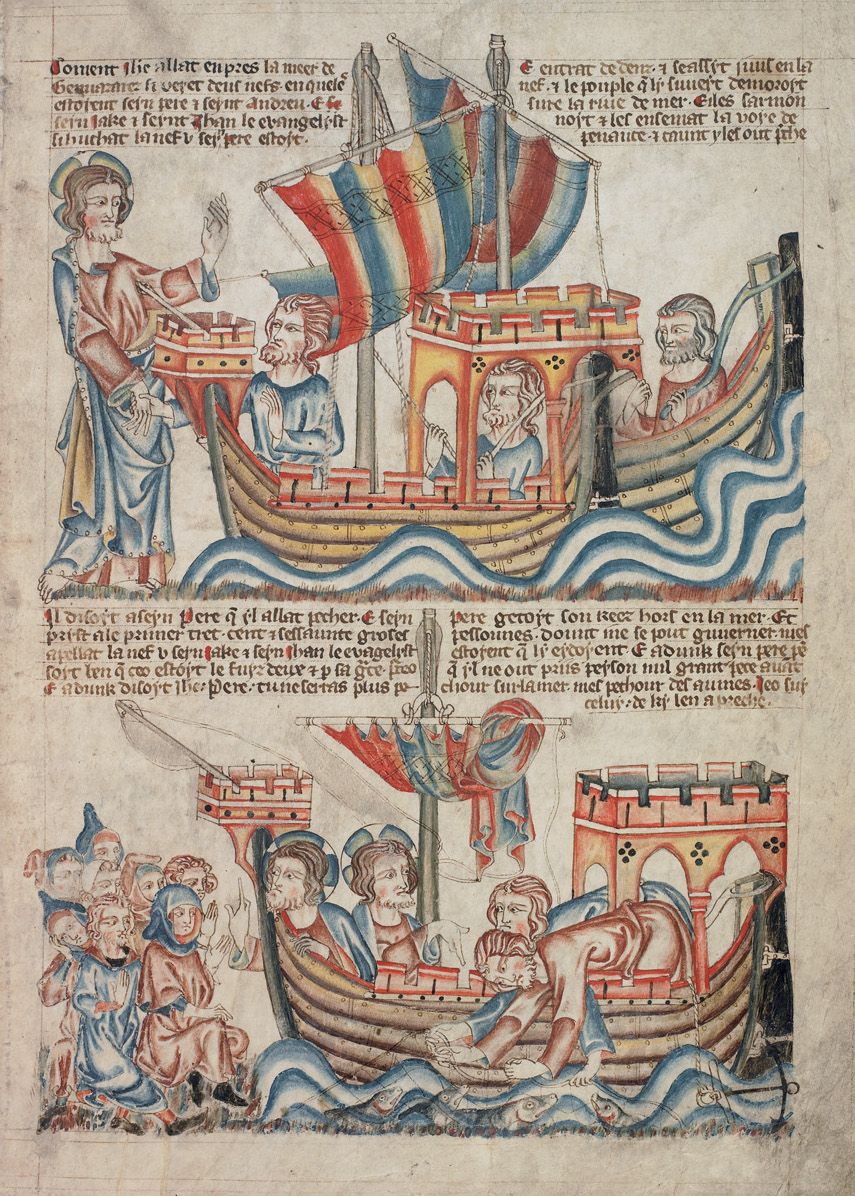A medieval manuscript illumination depicting a dramatic scene at sea with ships, a tower, and people.