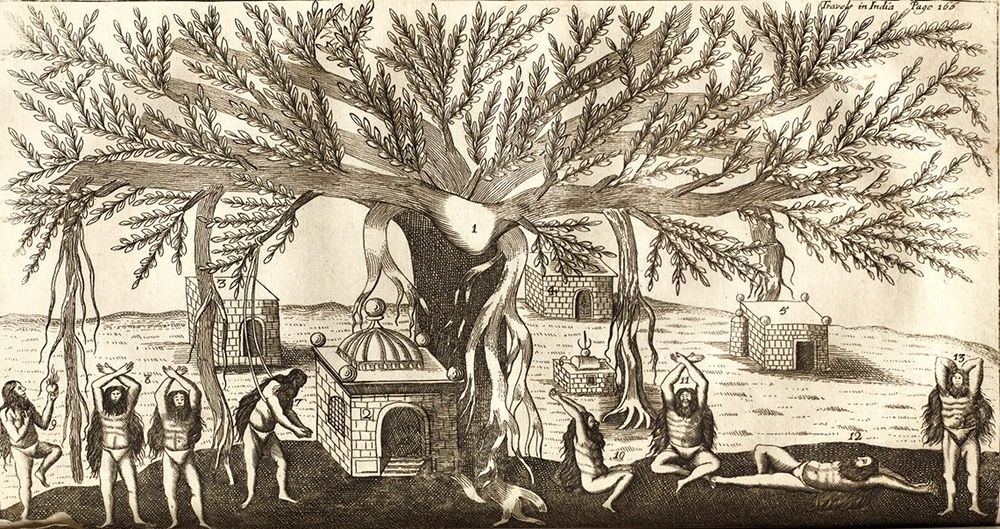 A detailed black and white woodcut illustration depicting a scene with a large, sprawling tree as the central focus.