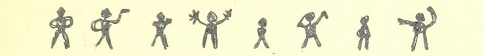 A series of eight stick figures in various poses, drawn in a simple, sketchy style on a pale yellow background.