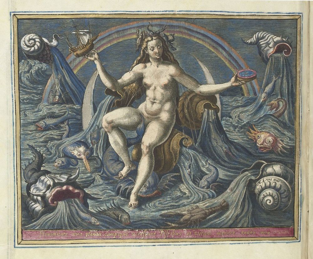 A detailed engraving depicting a classical scene with a central female figure emerging from turbulent waters.