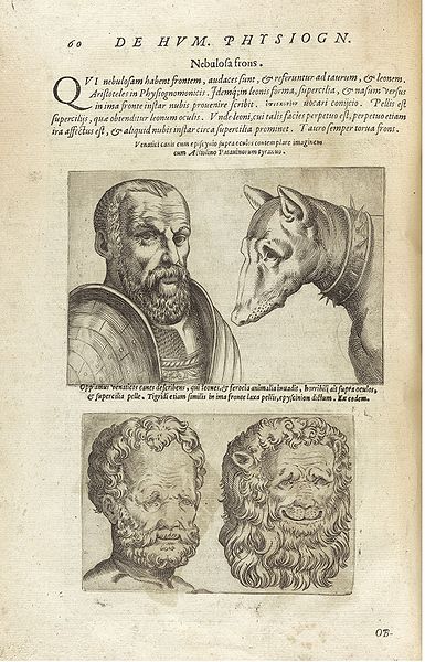 Vintage engraving of human and animal heads with Latin text.