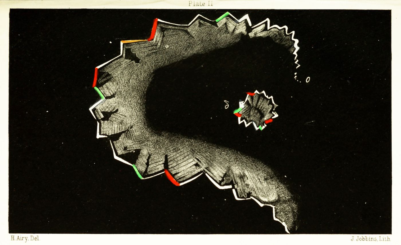 Vintage scientific diagram of diffraction or interference fringes, with red and green lines highlighting specific features.