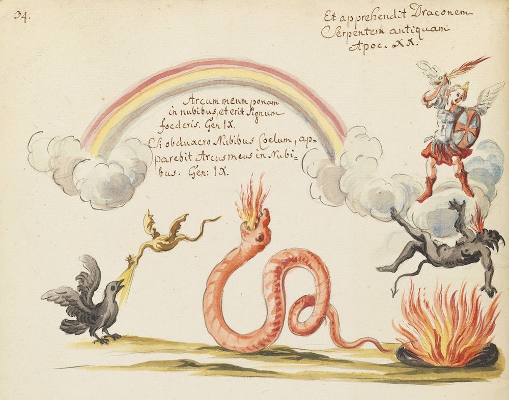 Watercolor painting of a red dragon being restrained by an angel, with a bird flying towards it, all under a rainbow and surrounded by fire and clouds. Latin text is written above the scene.
