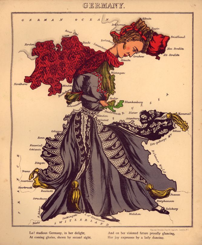 Vintage allegorical map of Germany depicting a woman in a purple dress with red and white striped patterns, representing the country's regions. The map includes place names and geographical features in a delicate script, with a caption at the bottom.