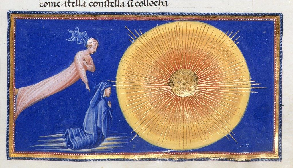 A medieval manuscript illustration depicting a kneeling figure and a radiant sun-like object in a deep blue sky.