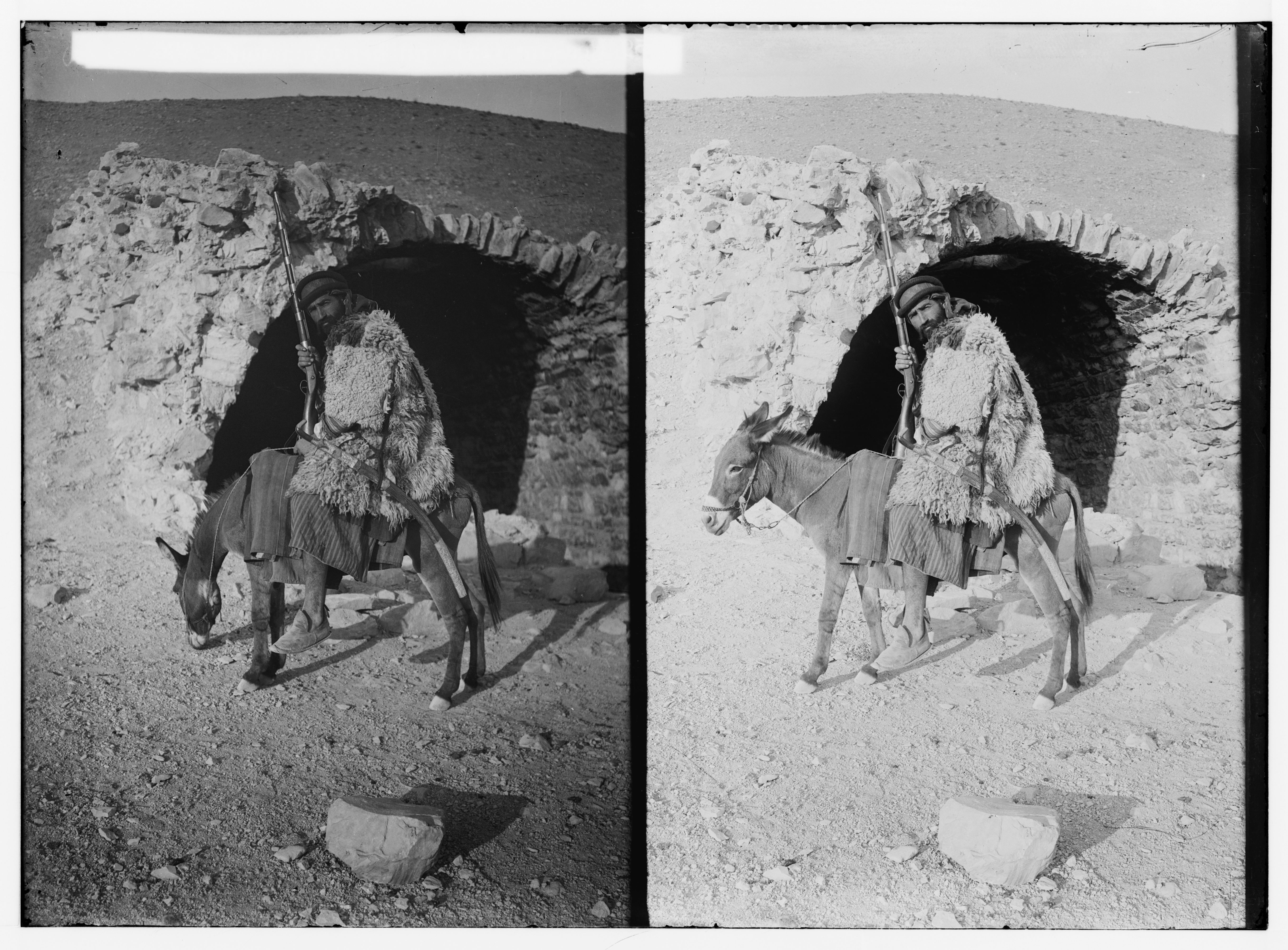 A black and white photograph featuring a split view of a person riding a donkey in front of a cave.