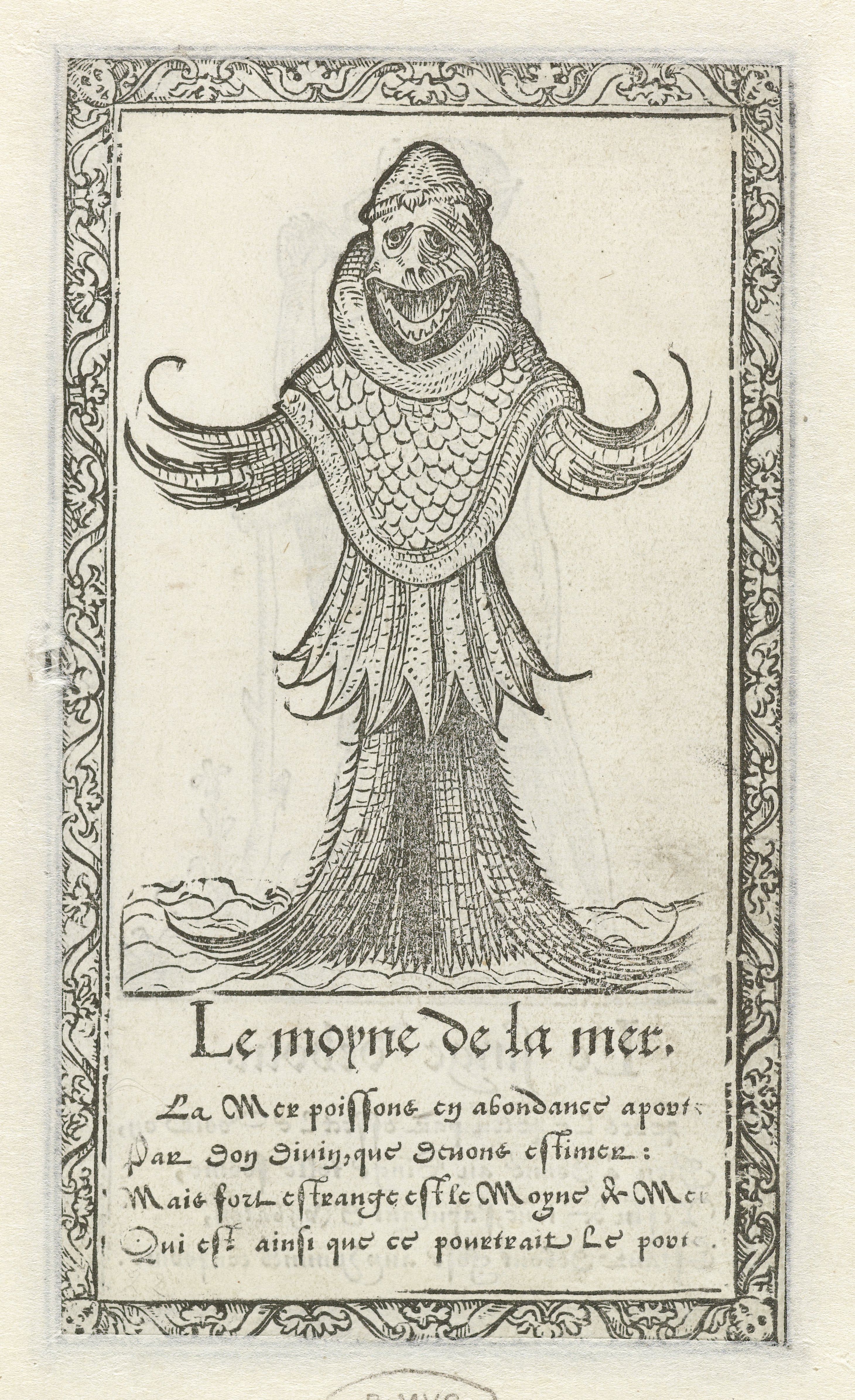 A black and white engraving of a merman or sea monster with a bearded face and fish-like tail, surrounded by waves and framed by an ornate border. Below the figure is text in French, 'Le morne de la mer'.