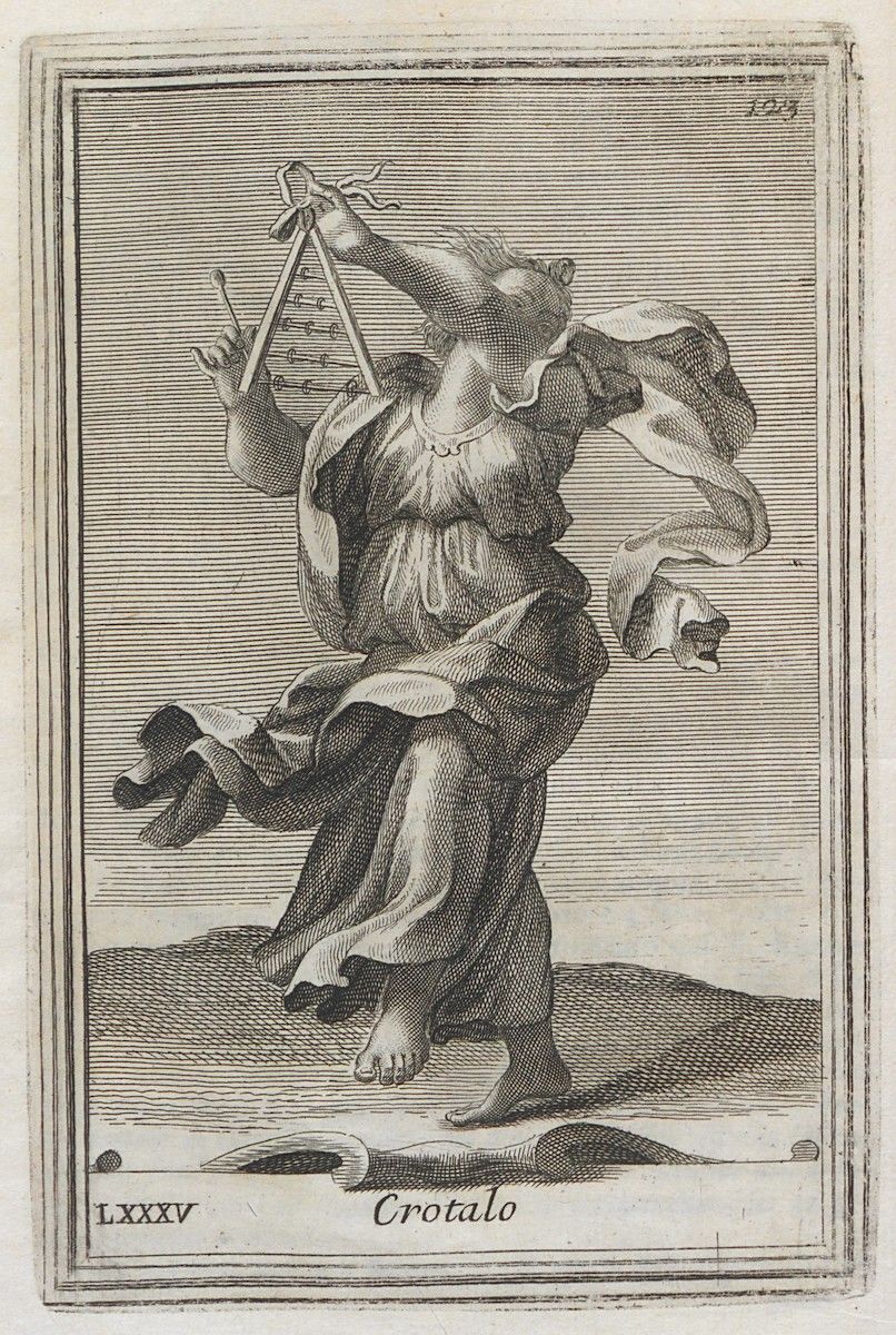 An engraving of a person playing a stringed instrument, with a rattle depicted below. The image is framed and labeled with Roman numerals and the word 'Crotalo'.