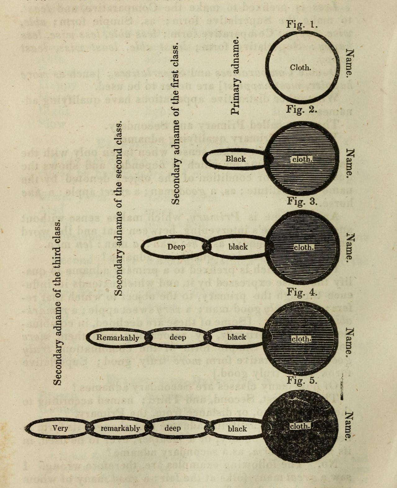 A vintage diagram illustrating a concept related to language or classification, with a series of connected ovals and rectangles, with text labels.