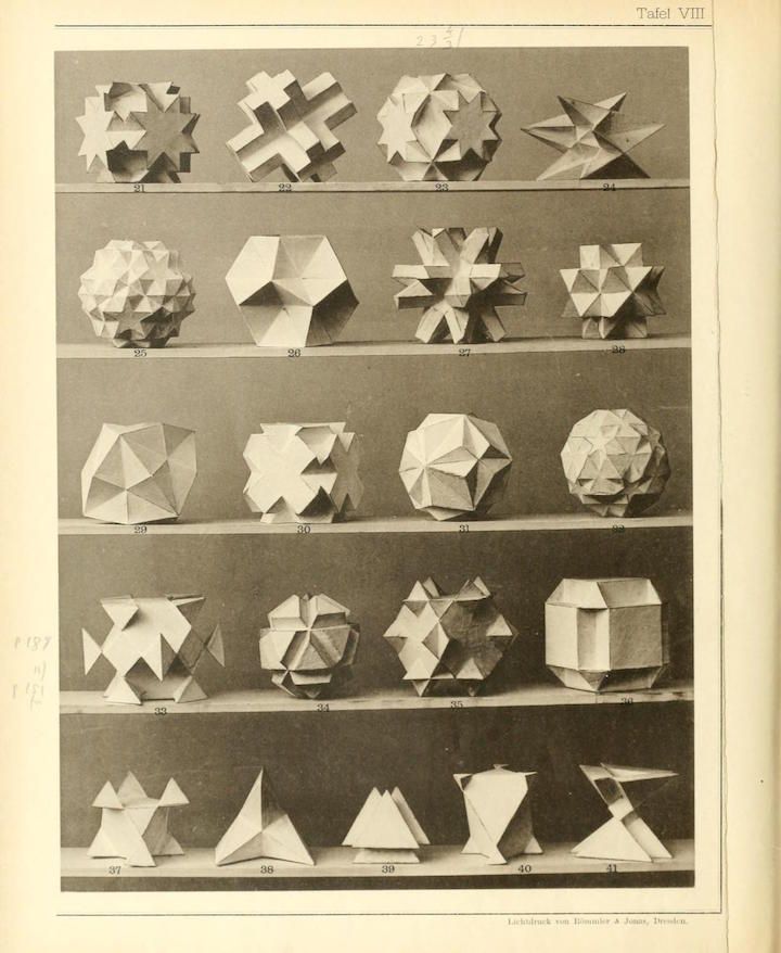 Vintage plate featuring a series of paper models of geometric solids, numbered from 21 to 41.