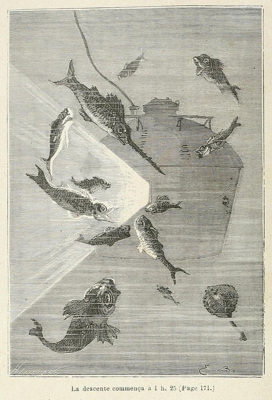 Vintage illustration of a submarine surrounded by fish underwater.