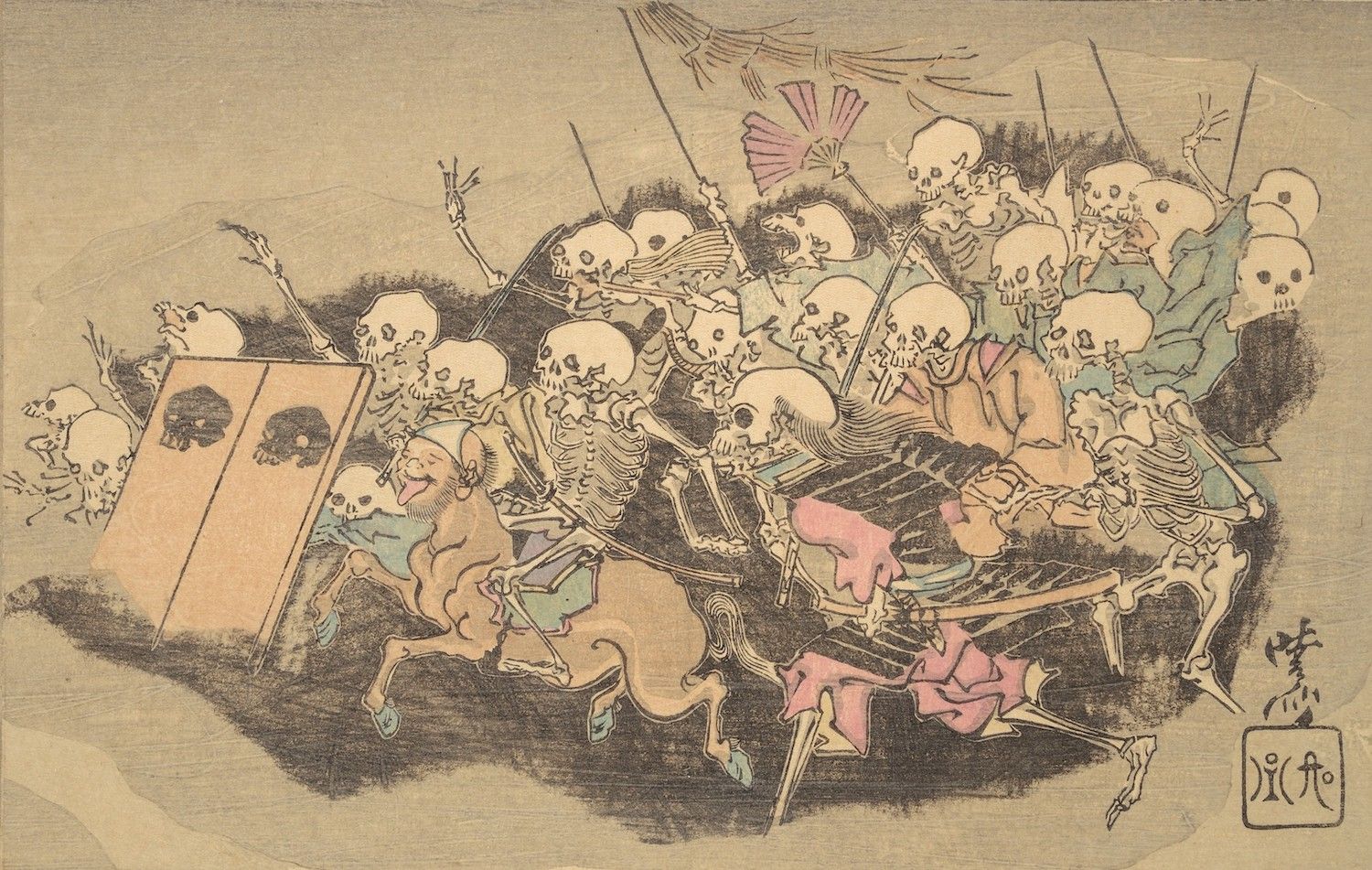 Vintage Japanese woodblock print of skeletons playing instruments and interacting with a painting.