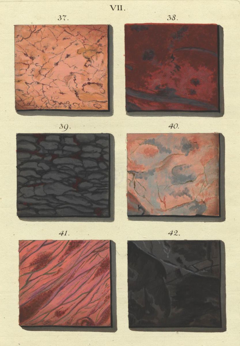 A vintage illustration showcasing six rectangular panels, each displaying a different marbled paper pattern, numbered from 37 to 42.