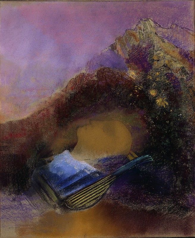 A painting of a mountainous landscape with a boat in the foreground under a purple sky.