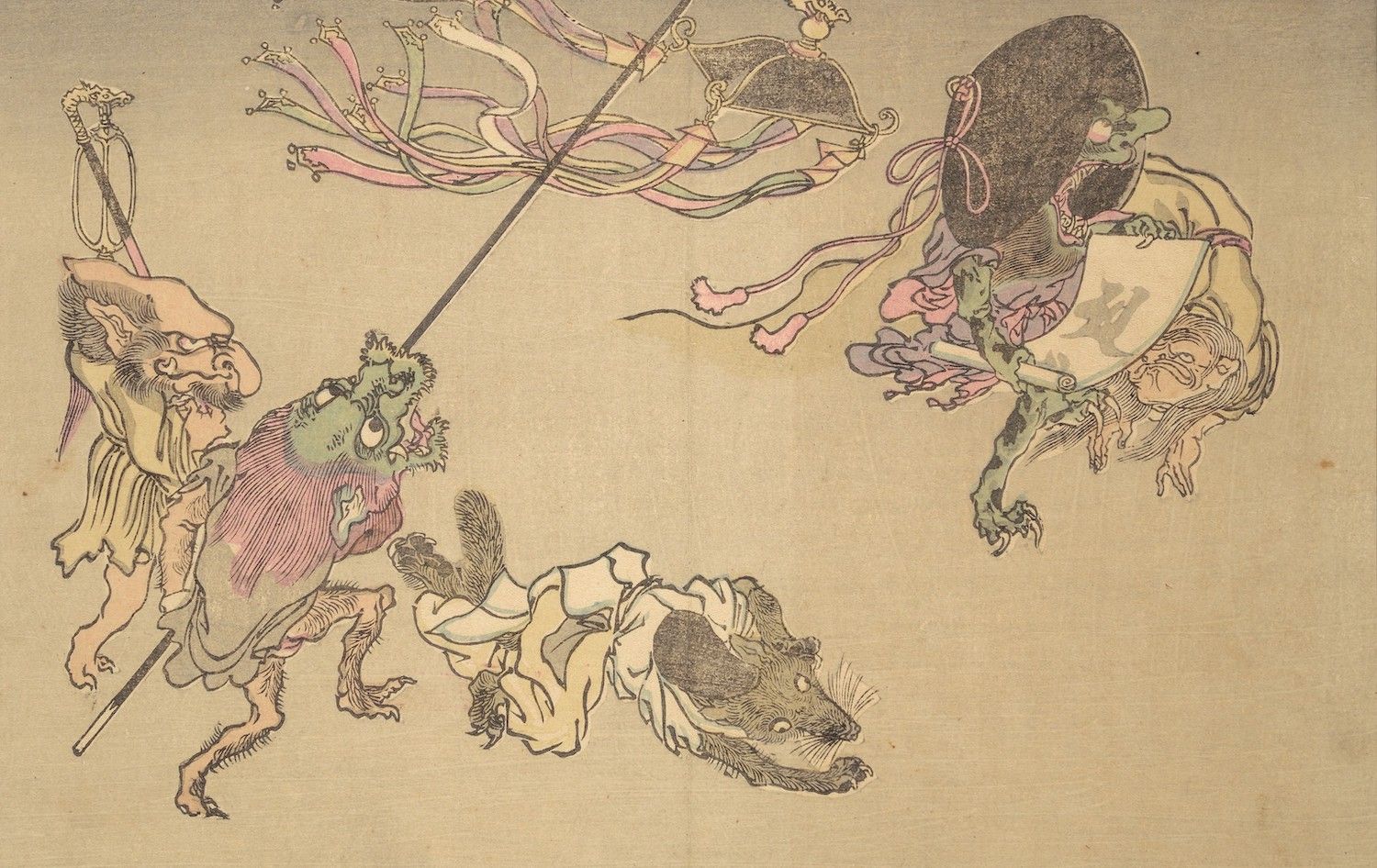 Vintage illustration of fantastical creatures and a kite, reminiscent of East Asian art.
