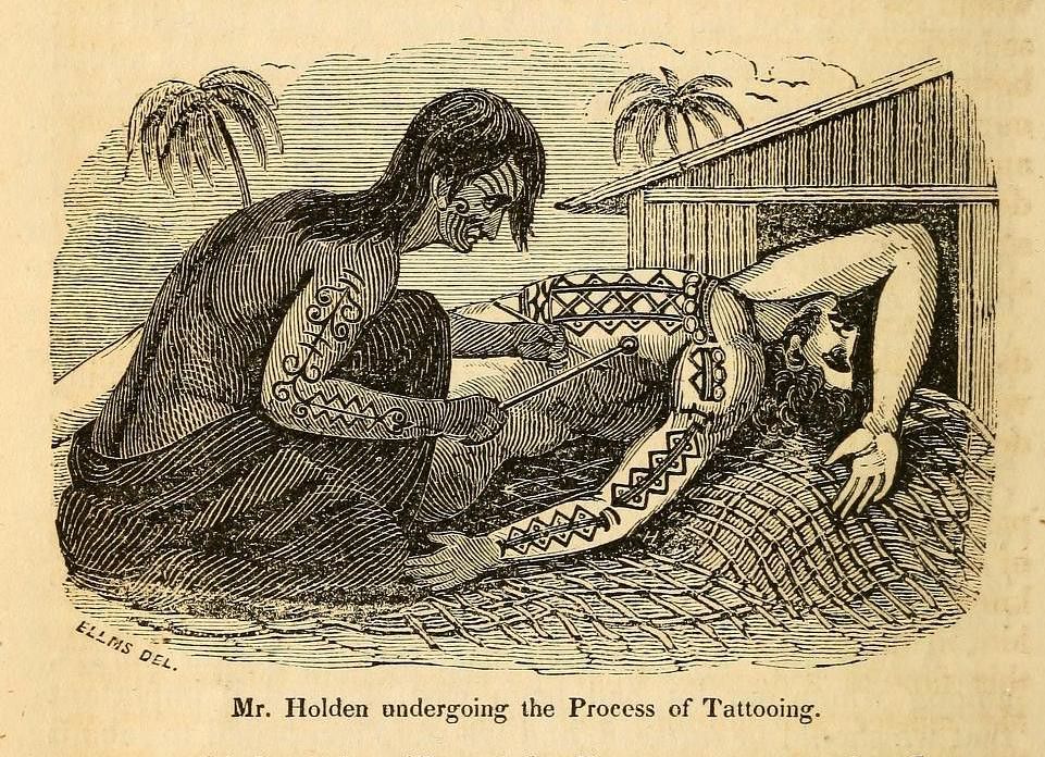 Vintage illustration of a man tattooing another man's leg with traditional tools and patterns.