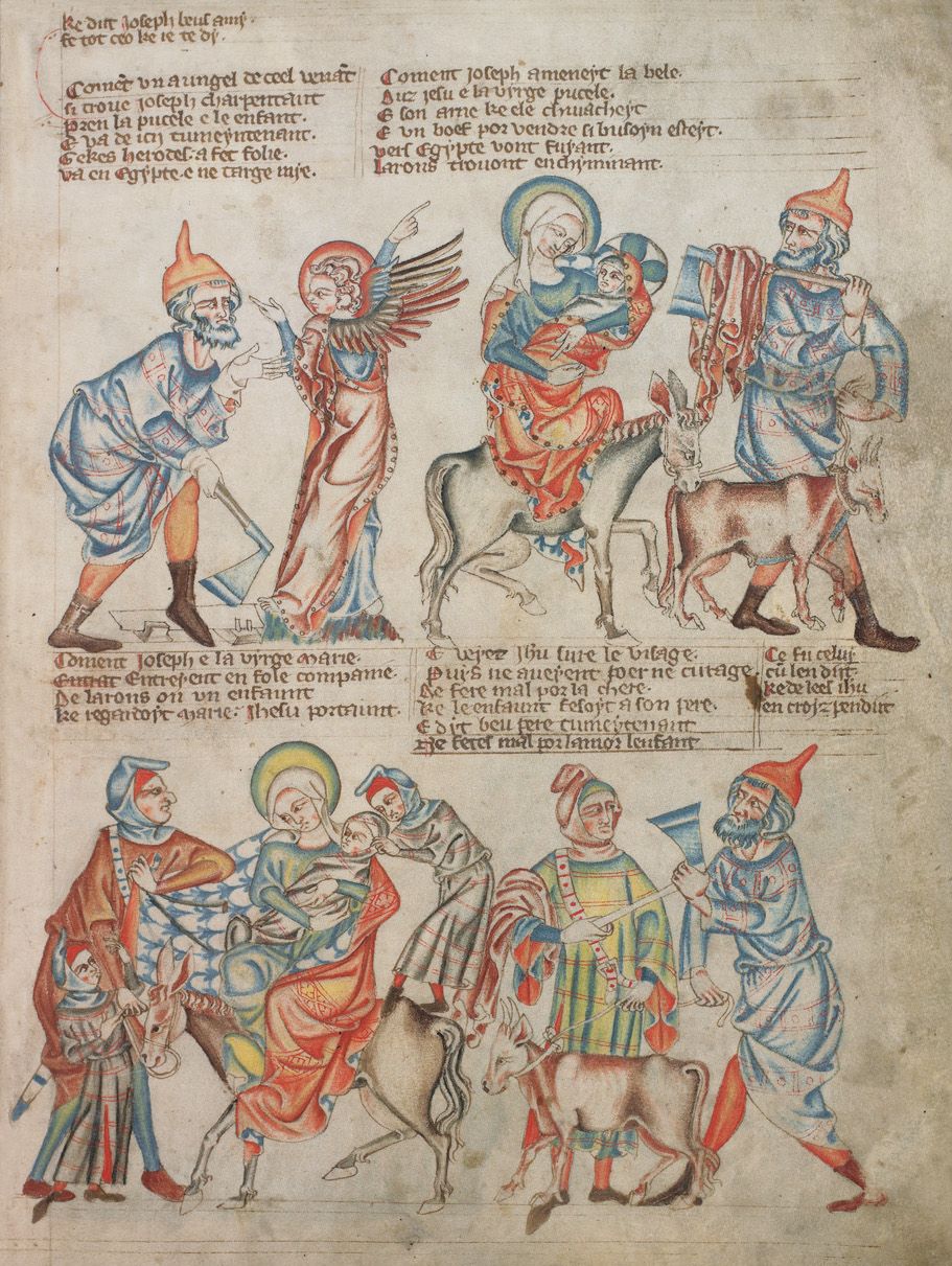 A medieval manuscript illustration depicting scenes from the life of Joseph, with vibrant colors and stylized figures.