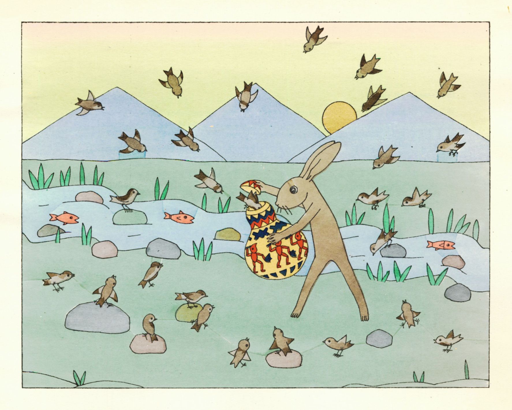 A whimsical illustration of a tall rabbit holding a decorated egg in a landscape with birds, fish, chickens, mountains, and grass.