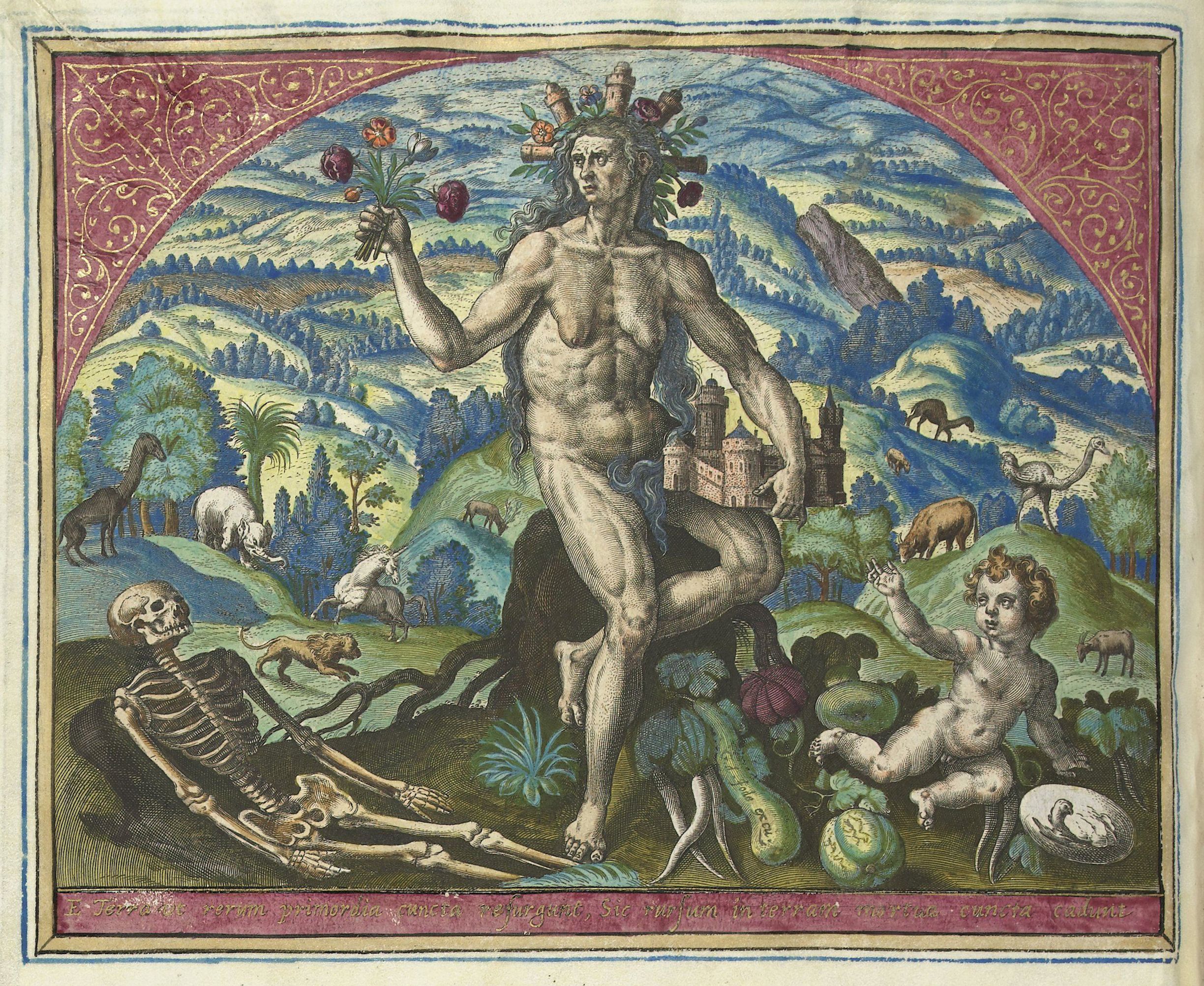 Detailed engraving of a nude man with a flower bouquet standing over a skeleton in a landscape with animals and a castle.