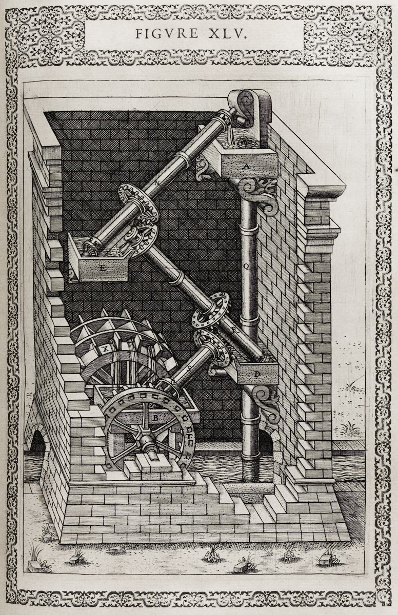 A detailed black and white engraving of a complex water-lifting mechanism with a water wheel, gears, and pipes within a brick structure.