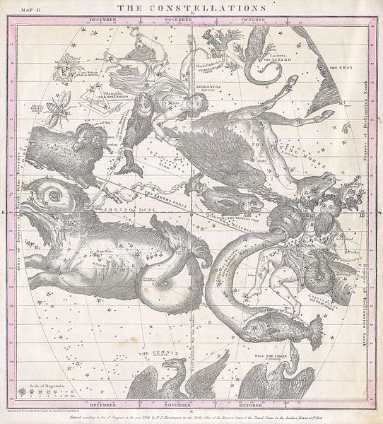 Vintage celestial map titled "The Constellations" with illustrations of constellations like Aries, Pisces, Swan, Dragon, Phoenix, Pegasus, Andromeda, and Hercules.