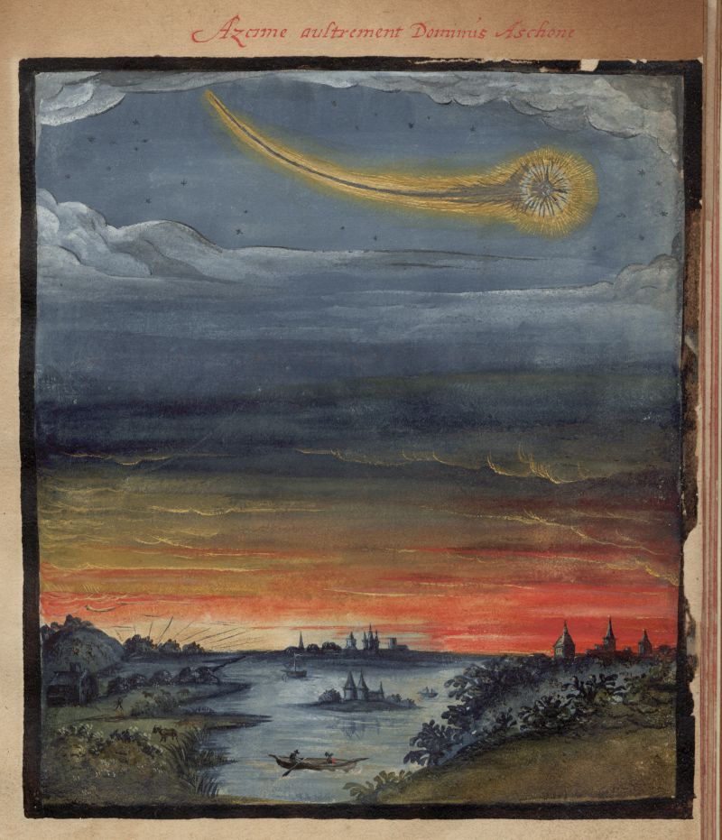 A historical illustration depicting a comet streaking across the sky over a city. The sky is dark and stormy, with swirling clouds and a fiery orange and red sunset. The city is nestled along the water's edge, with detailed buildings, boats, and tiny figures of people. The style is reminiscent of Renaissance or Baroque art.