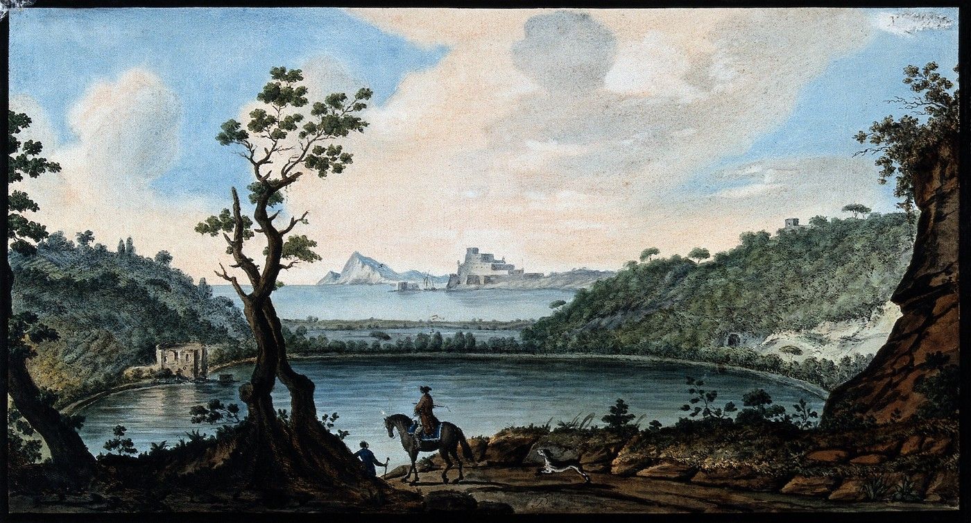 Watercolor painting of a serene landscape with a lake, hills, mountains, and figures in the foreground.