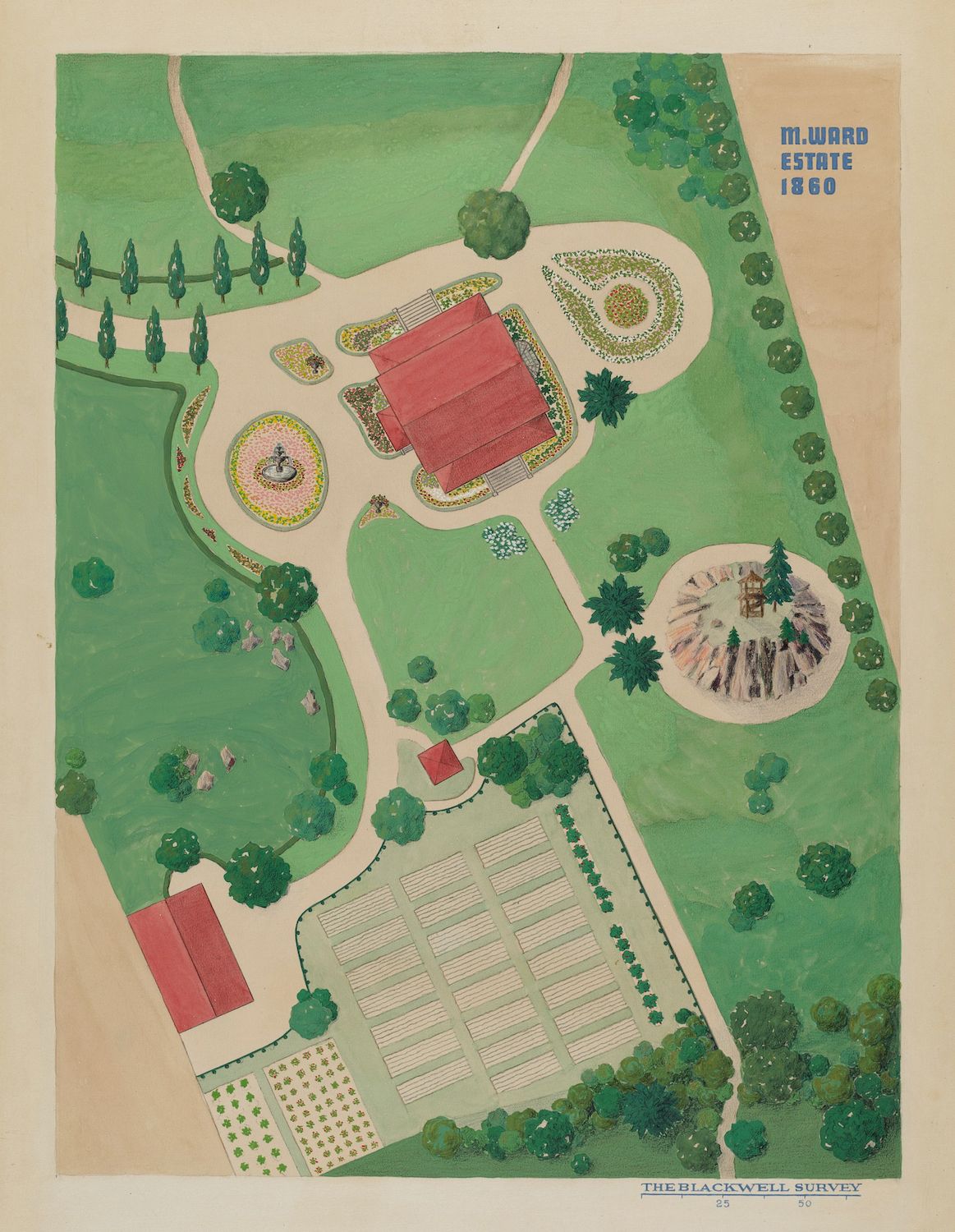 Vintage map of the M. Ward Estate from 1860, showing the layout of the gardens, paths, and landscaping.