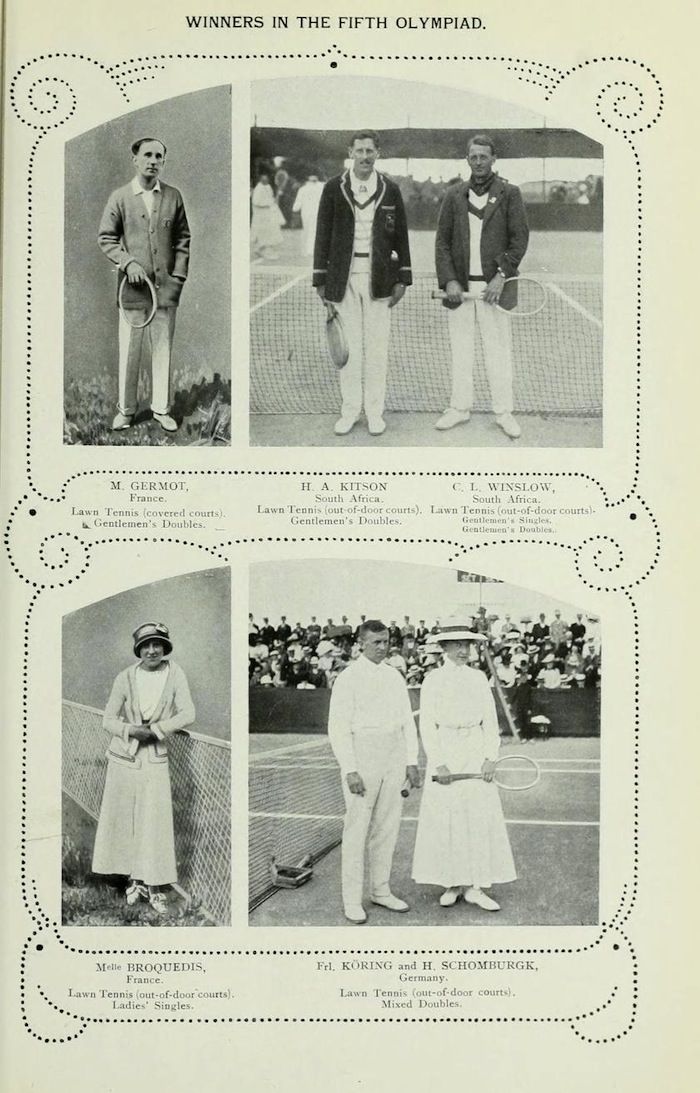 Vintage print showcasing winners of the Fifth Olympiad in tennis, featuring six photographs of players on grass courts with accompanying captions.