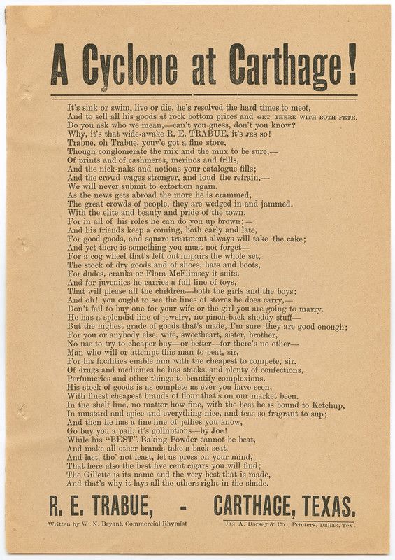 Vintage advertisement for R.E. Trabue's store in Carthage, Texas, titled "A Cyclone at Carthage!" with densely packed text and a decorative border.