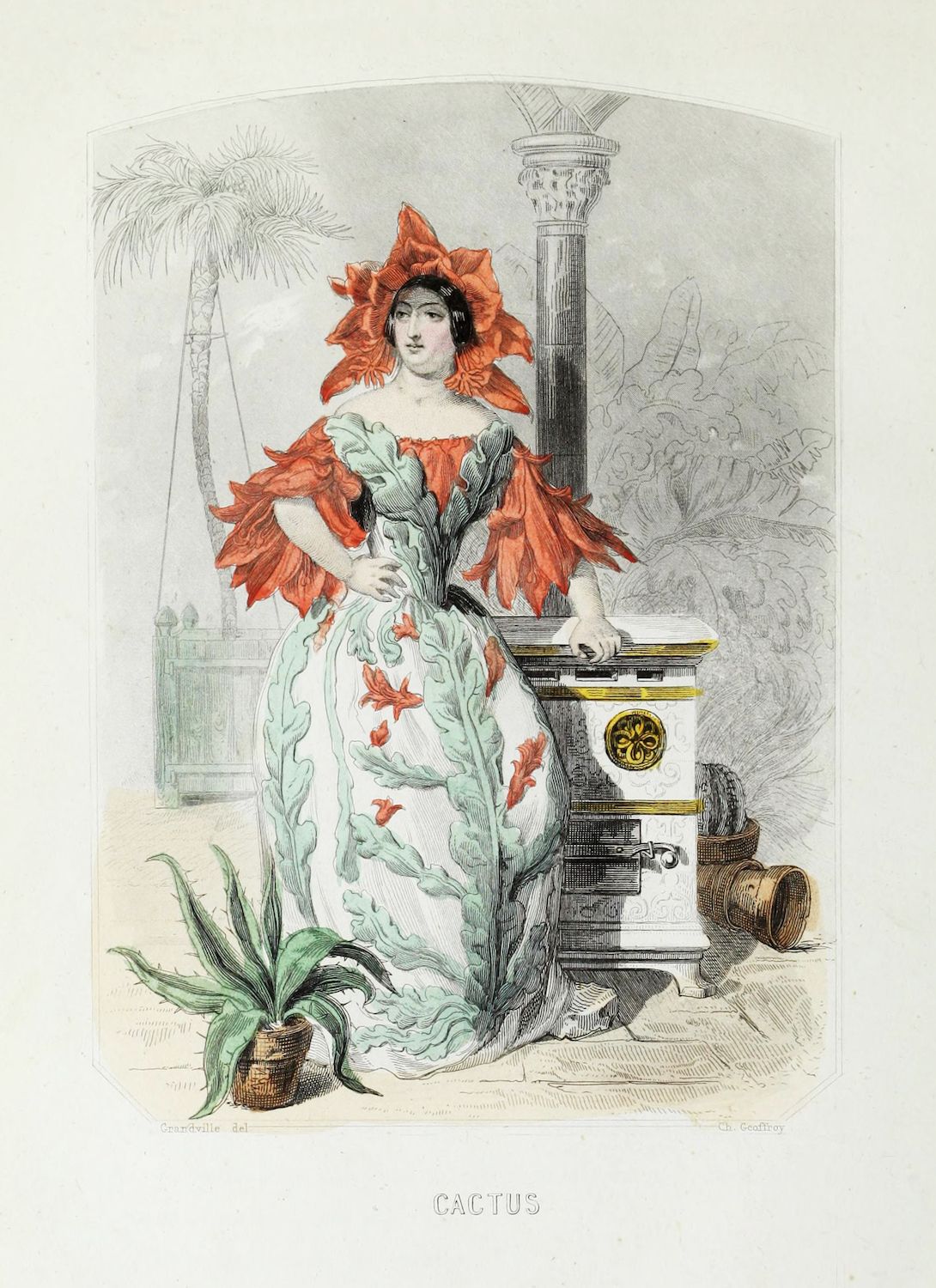 Vintage lithograph of a woman dressed as a cactus, standing in a garden setting.