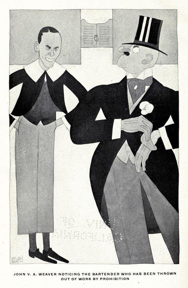 A black and white cartoon illustration titled "John V. A. Weaver Noticing the Bartender Who Has Been Thrown Out of Work by Prohibition". Two men are depicted in a room. On the left is a man with angular features and a wide grin, wearing a dark jacket and light pants. On the right is a bartender in a formal black suit and top hat, looking somber.