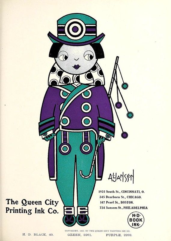 Vintage advertisement for The Queen City Printing Ink Co. featuring a person in a purple uniform juggling balls.