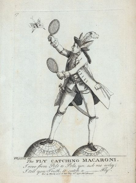 A black and white engraving of a man in 18th-century clothing attempting to catch a fly with a tennis racket while standing on two globes.