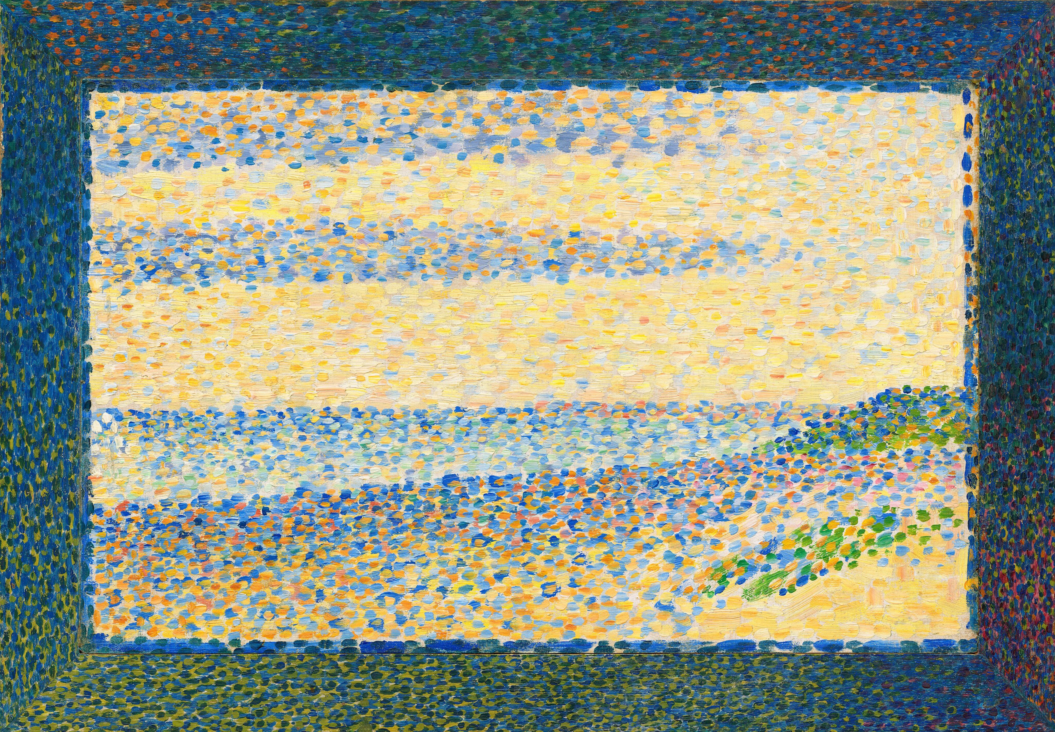 Pointillist painting of a landscape viewed through a window. The scene features a bright yellow sky with blue clouds, a shimmering blue sea, and a strip of green land. The window frame is dark and also rendered in the pointillist style.