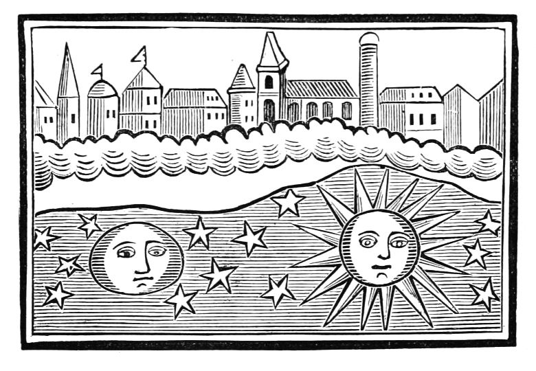 A black and white woodcut illustration depicting a city skyline above a celestial scene with a moon, sun, and stars, separated by a wavy line representing a river.