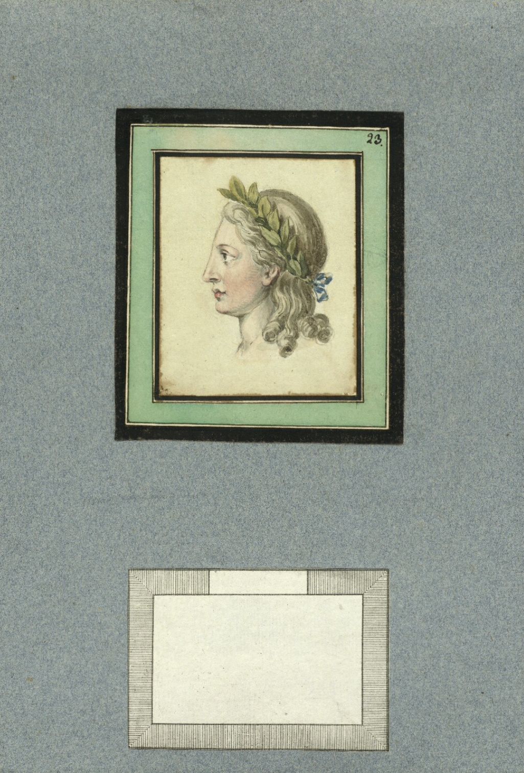 A framed portrait of a woman's head in profile, with a decorative border and the number '23' in the corner.