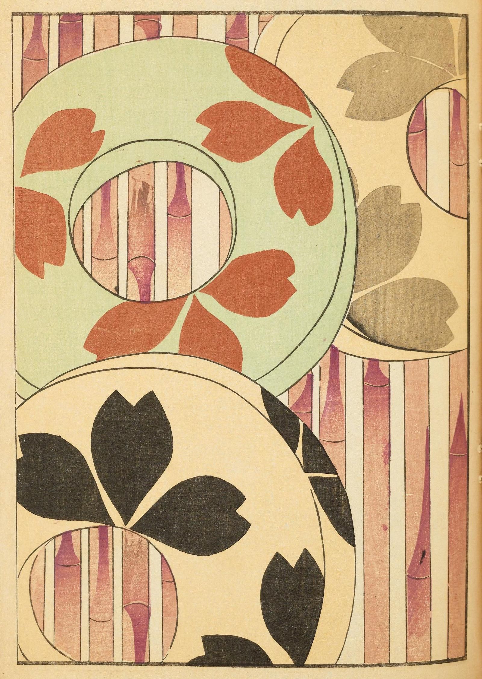 Vintage decorative pattern with overlapping circles, floral motifs, and vertical stripes.