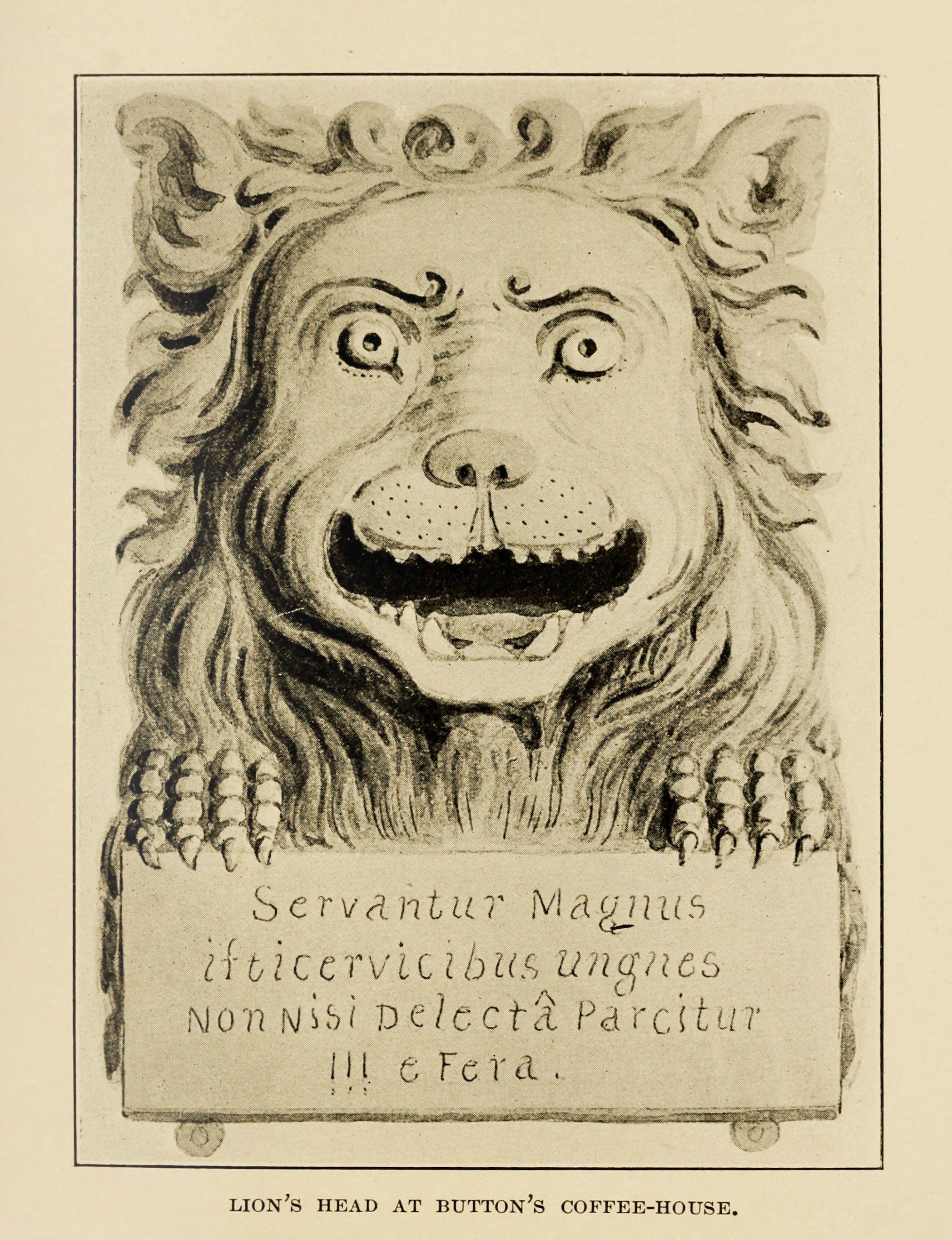 Vintage illustration of a lion's head sign for Button's Coffee-House with Latin text below.