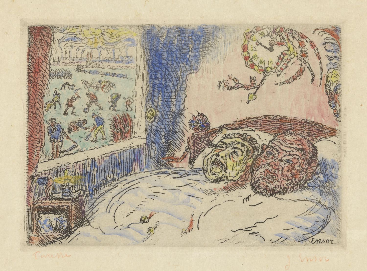 A color lithograph depicting a nightmarish scene of a person in bed tormented by a terrifying vision of shadowy figures and a monstrous creature.
