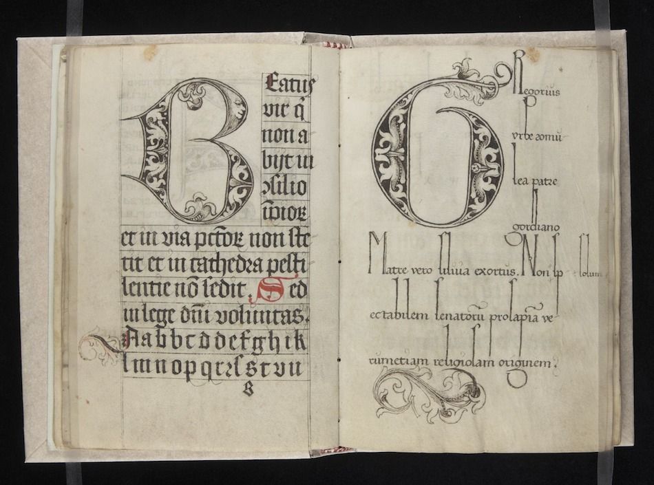 A page from a medieval manuscript with ornate initial letters and Latin text.