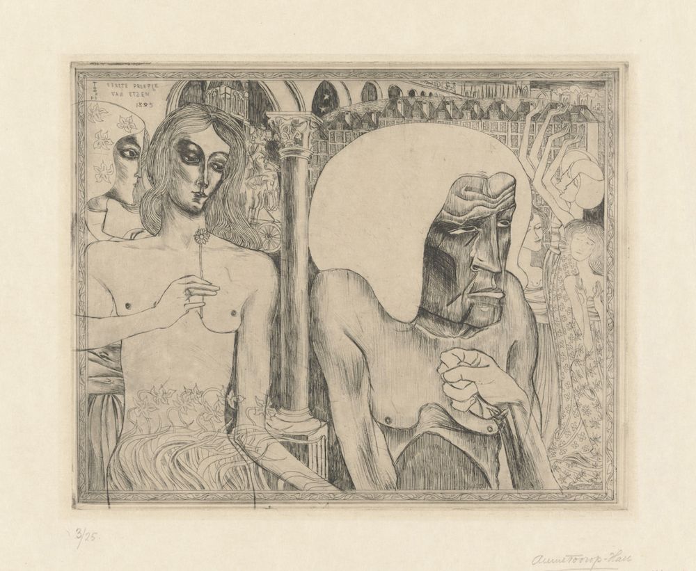 A black and white etching or print depicting a surreal and symbolic scene with two figures and intricate details.