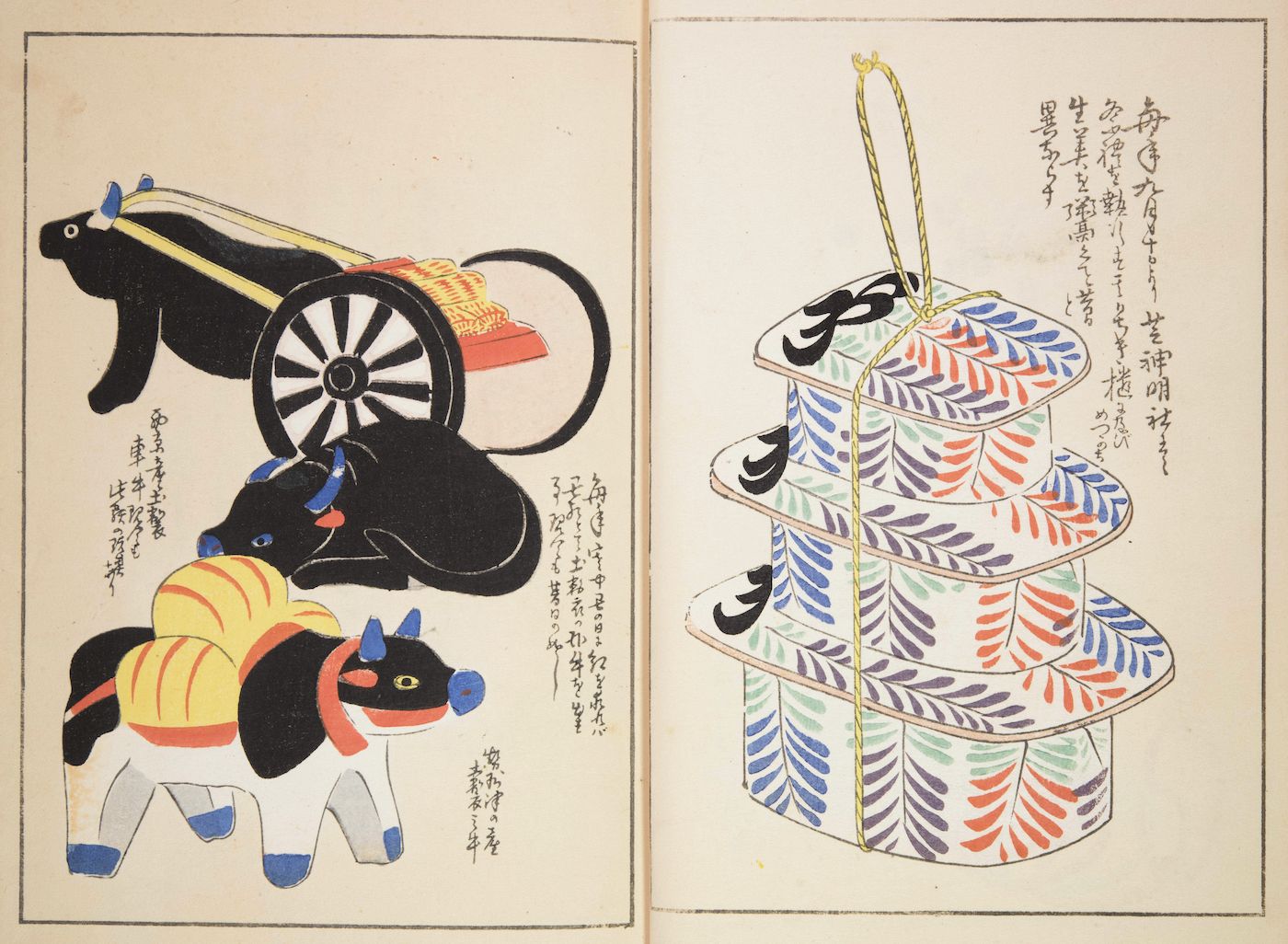 A diptych featuring traditional Japanese toys. The left panel shows a black carriage pulled by a black animal, and the right panel shows a stack of patterned boxes.